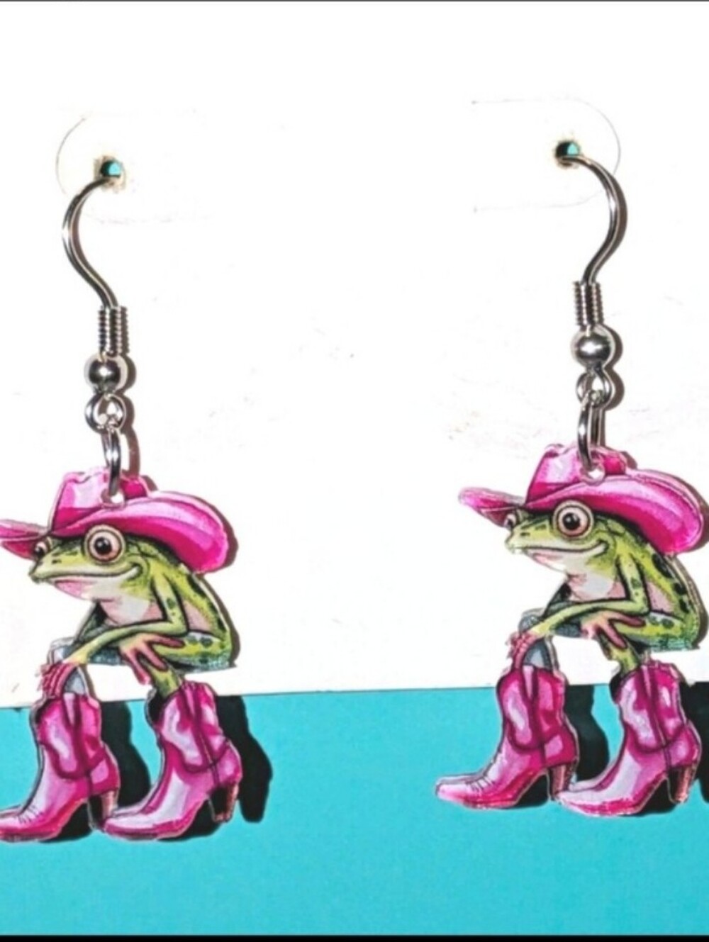 Cute Frog in Pink Cowboy Hat & Boots Drop Earrings - Women Accessories